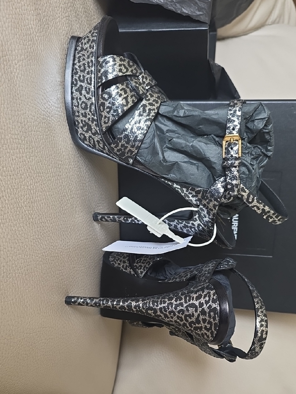 Saint Laurent Metallic Leopard-Print Strappy Heels